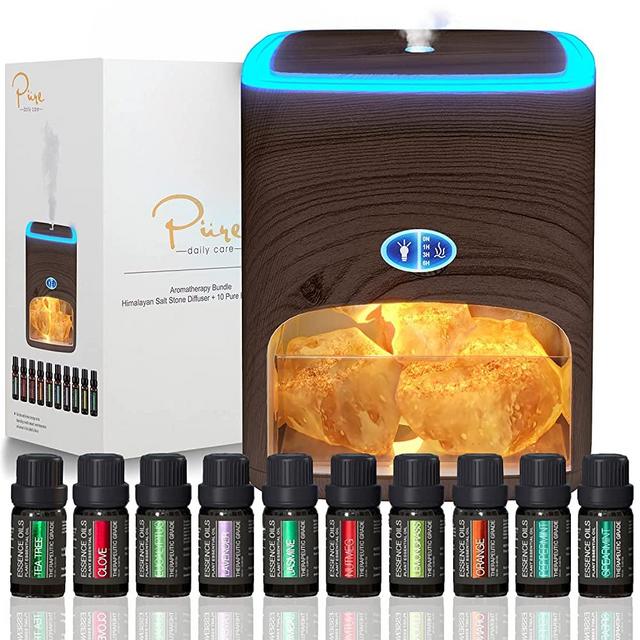Himalayan Pink Salt Diffuser & 10 Essential Oils – 2-in-1 Therapeutic Device - Aromatherapy & Ionic Himalayan Salt Therapy – 400ml Ultrasonic Vaporizer and Ionizer with Ambient Glow