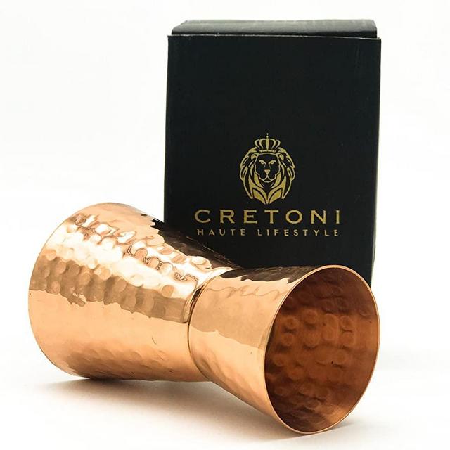 Cretoni Copperlin Pure Copper Original Hammered Style double-sided Jigger Shot Glass (1oz. / 2oz.) - Perfect for Cocktails, Whiskey, Gin, Rum, Vodka, and Tequila shots