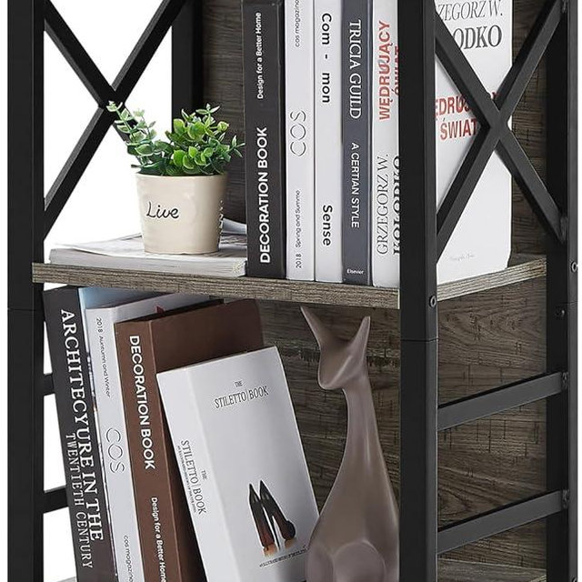 MNEETRUNG Small Bookcase,3 Tier Industrial Bookshelf with Metal Frame and Backboard,Low Grey Book Shelf,Book case for Small Spaces,Living Room,Bedroom and Home Office