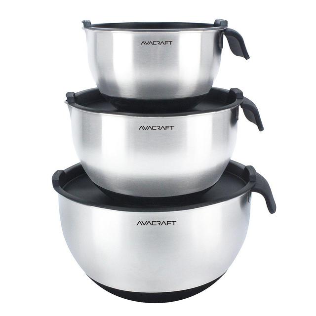 AVACRAFT 18/10 Top Rated Stainless Steel Mixing Bowls with Lids, non slip silicone base bowls with Handle, Mixing Bowl Set with Pour Spouts & Measurement Marks, Home Essentials Cooking Bowls, (Black)