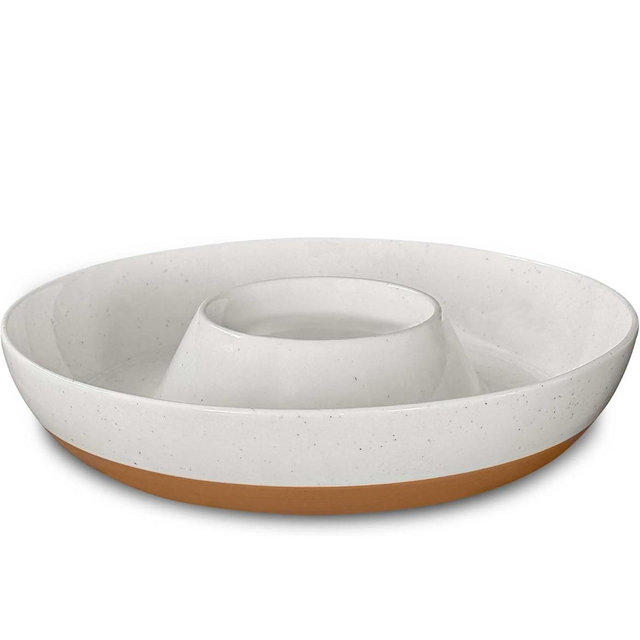 Mora Ceramic Chips and Dip Serving Tray: Large Divided Party Bowl Set for Chips & Salsa, Veggies & Dip, Fruit, Snacks, Entertaining, Hosting, etc. Minimalist Design for the Modern Hostess - White