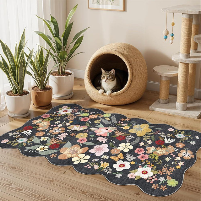 Entryway Washable 2x4 Runner Rug: Vintage Floral Low Pile Scalloped Kitchen Rugs Non-Slip Stain Resistant Carpet for Entrance Hallway Soft Thin Indoor Floor Decor Mat for Bedroom Bathroom(Black,2x4)