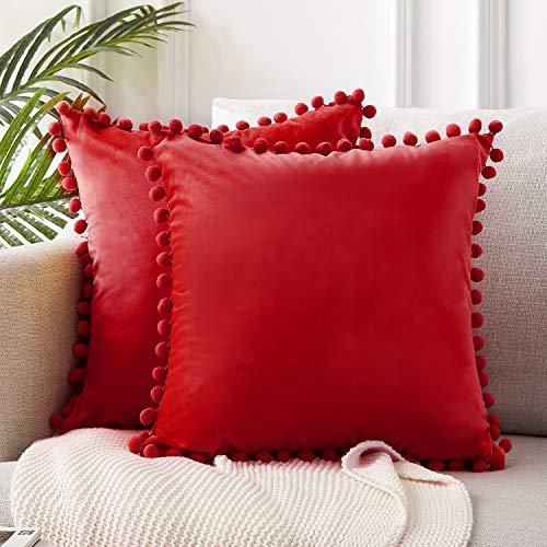 Top Finel Square Decorative Throw Pillow Covers Soft Solid Velvet Outdoor Cushion Covers 18 X 18 with Pom-poms for Sofa Bed, Set of 2, Red