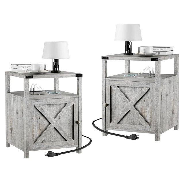 HOSEOKA Farmhouse Nightstand Set of 2 with Charging Station, Rustic End Table Bedroom with Storage Living Room Side Table Night Stand Industrial Bedside Bed Table with USB Ports and Outlets
