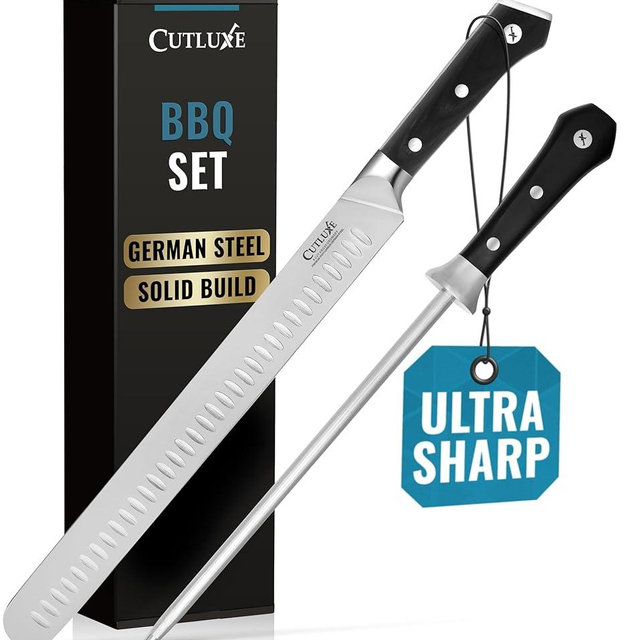 Cutluxe BBQ Knife Set – 12" Brisket Knife & 10" Honing Rod, Slicing Carving Knife Set for Meat Cutting – Ultra Sharp German Steel, Ergonomic Pakkawood Handles – Artisan Series