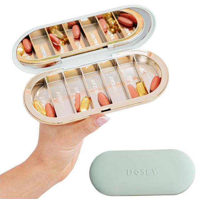 Dosey 7 Day Pill Compact Travel Pill Organizer - Pill Case with 7 Pill Compartments for Medicine Storage & Protection – Stylish & Elegant Medication Organizer with Mirror, Sage