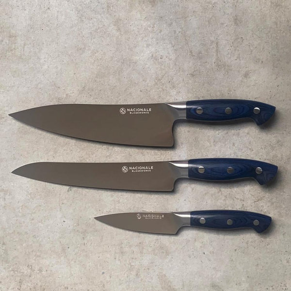 3-piece Set. Full Tang Chefs Knife / Slicer / Paring. Blue Pakkawood. Bolster