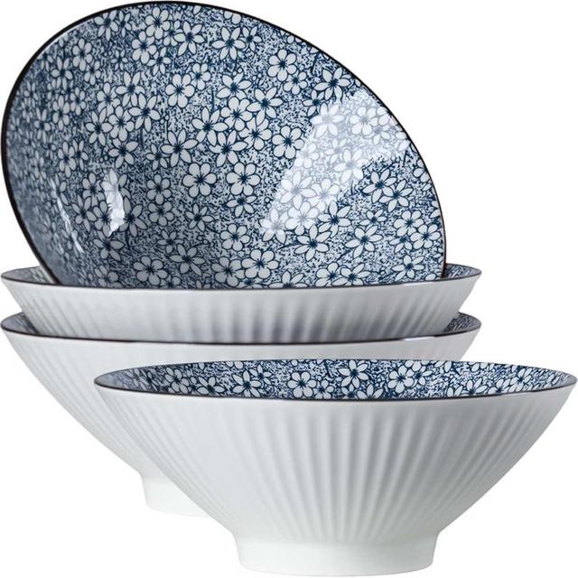 Dyware 38 oz Japanese Ramen Bowls Set of 4, Large Pho Bowls, 8 Inch Ceramic Blue and White Soup Bowls, Floral Pattern