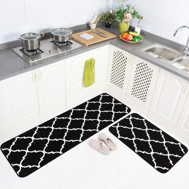 Carvapet 2 Pieces Microfiber Moroccan Trellis Non-Slip Soft Kitchen Mat Bath Rug Doormat Runner Carpet Set, 20"x63"+20"x31", Black