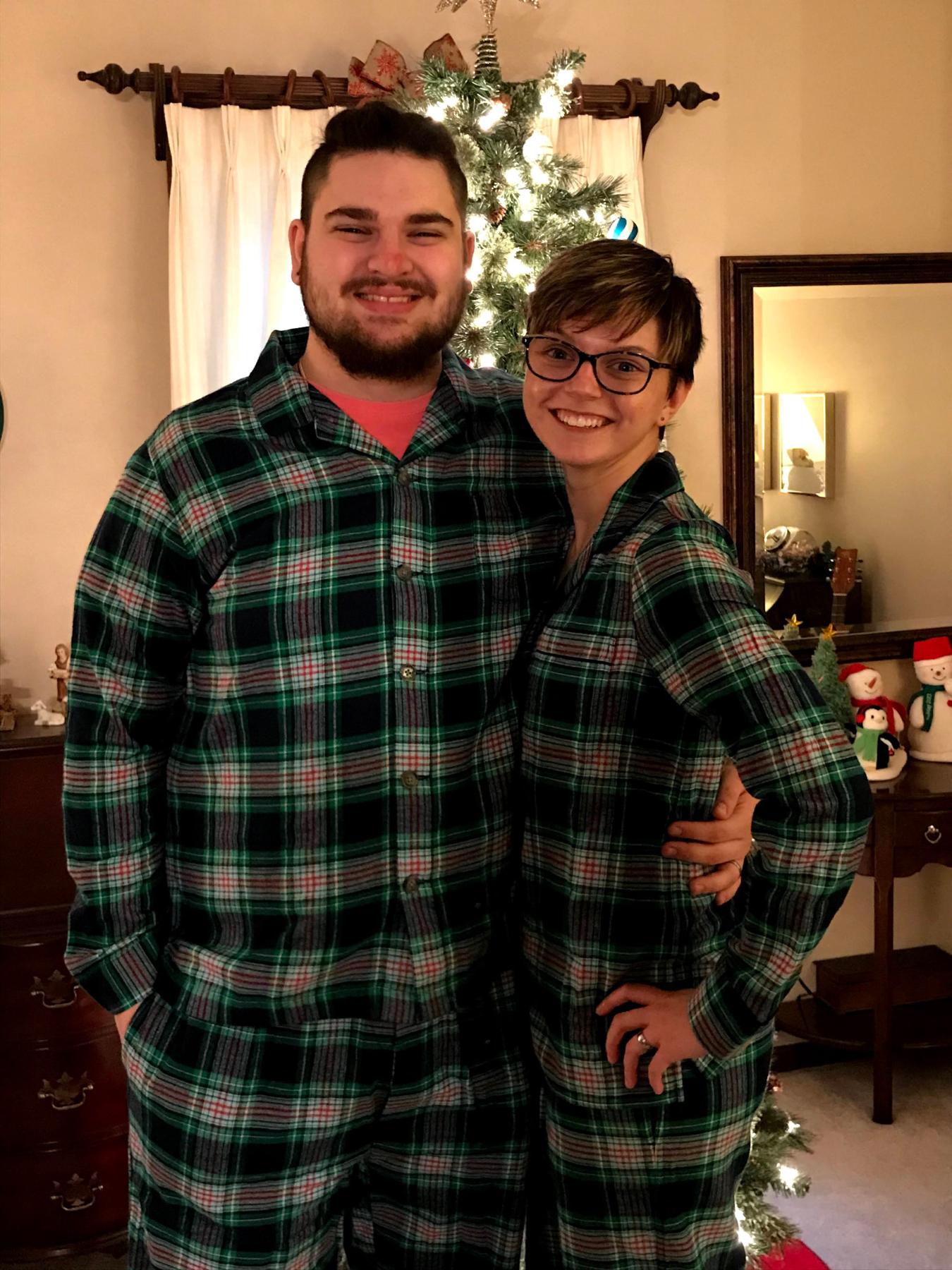 Our first Christmas together (thanks mom for the matching pjs)!
