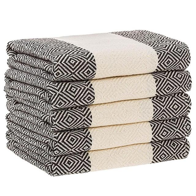 nottoc Dish Towels - Set of 5 - Black/White - 20x27 inch Luxury 100% Cotton Premium Kitchen Towels - Lint Free Absorbent Soft No Tassel Shrink Tea Towel - Turkish Hand Towel – Diamond Style
