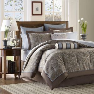 Luxury Home - Madison Park Aubrey 12 Piece Complete Bed Set - Blue - Queen - Jacquard - Includes 1 Comforter, 1 Bed Skirt, 1 Flat Sheet, 2 Standard Shams, 2 Euro Shams, 2 Pillowcases, 2 Dec Pillows,1 Fitted Sheet