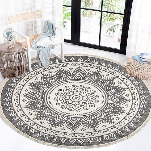 HEBE 4 Ft Cotton Rugs Round Washable Chic Bohemian Mandala Hand Woven Round Rugs with Tassels Indoor Throw Area Rug for Living Room Kids Room