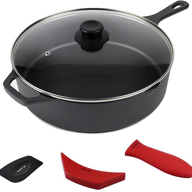 12-Inch Cast Iron Skillet Set (Pre-Seasoned - EXTRA DEEP), Including Large & Assist Silicone Hot Handle Holders, Glass Lid, Scraper | Indoor & Outdoor Use