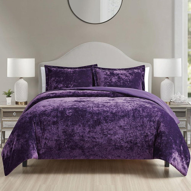 HUMESIIL Luxury Velvet King Comforter Set, 3 Pieces Reversible Comforters King Size with 2 Pillow Shams, Brushed Solid Microfiber Back, All Season Cozy, Soft, Warm, Lightweight (Purple, 104x90 Inch)