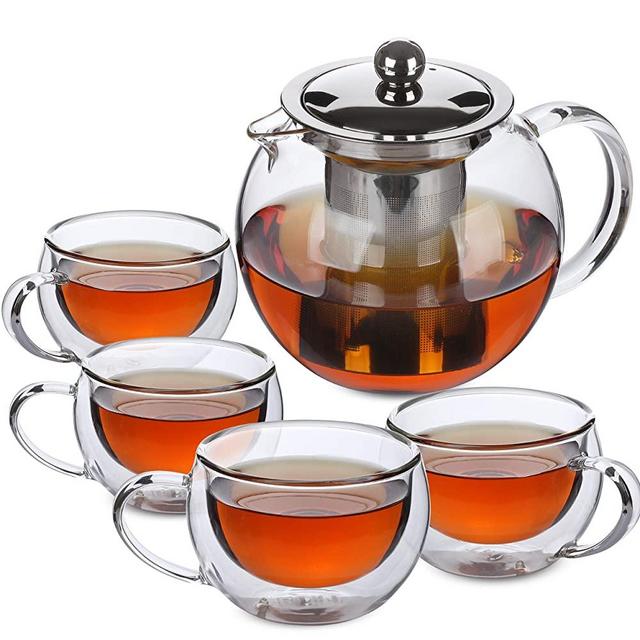 BTaT- Tea Pot, Tea Set, Set of 4, Tea Cups, Glass Teapot, Glass Tea Cup, Tea Kettles Stovetop, Tea Set for Adults, Glass Tea Kettle, Tea Pots, Tea Kettle with Infuser, Double Wall Glass, Glass Tea Mug