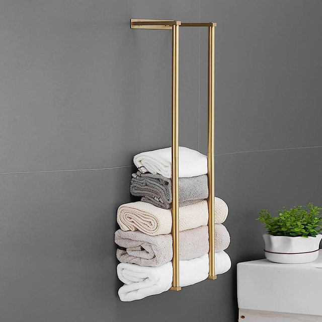 Towel Racks for Bathroom, NEWRAIN Rolled Towel Storage Wall Mounted Bath Towel Holder for Folded Large Towel Washcloths, Bathroom Organizing Brushed Gold