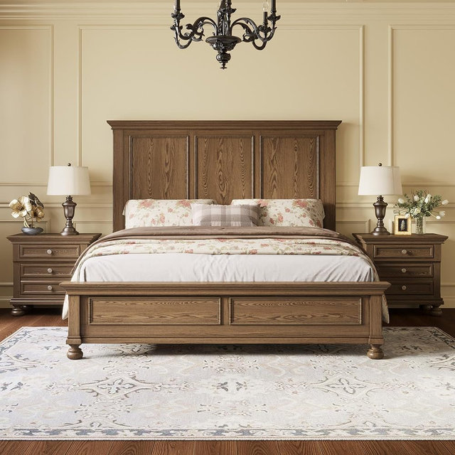 AMERLIFE Solid Wood 3 Piece Bedroom Set Including 65.2" High King Bed Frame, Fully Assembled Nightstands Set of 2 with 2 Storage Drawers for Bedroom, Light Brown