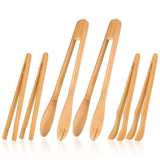 6 Pieces Wooden Tongs Wooden Kitchen Tongs Long Bamboo Kitchen Tongs Bamboo Toaster Tongs Wooden Cooking Tongs for Kitchen Picking Up Cheese Bacon Toast Cake Fruits Bread