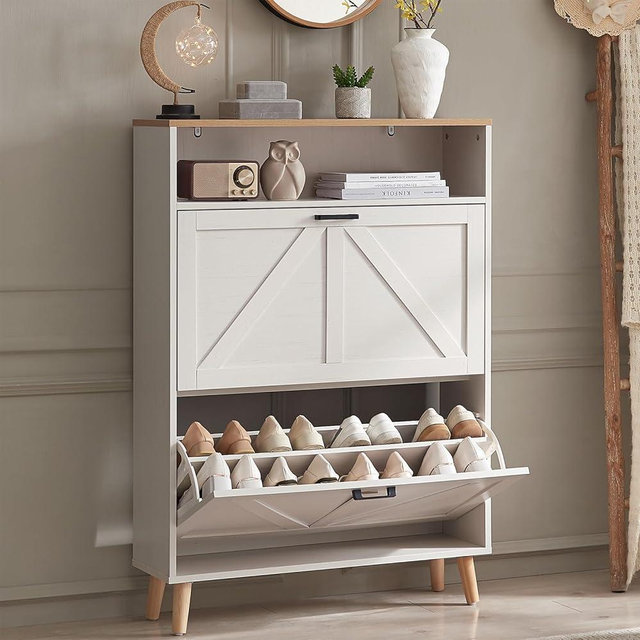 Alaxgumrol Shoe Cabinet with 2 Flip Drawers - Farmhouse Slim Shoe Storage Cabinet with Barn Door Freestanding Hidden Shoe Storage Organizer Cabinet Narrow Shoe Rack Cabinet for Entryway Hallway White