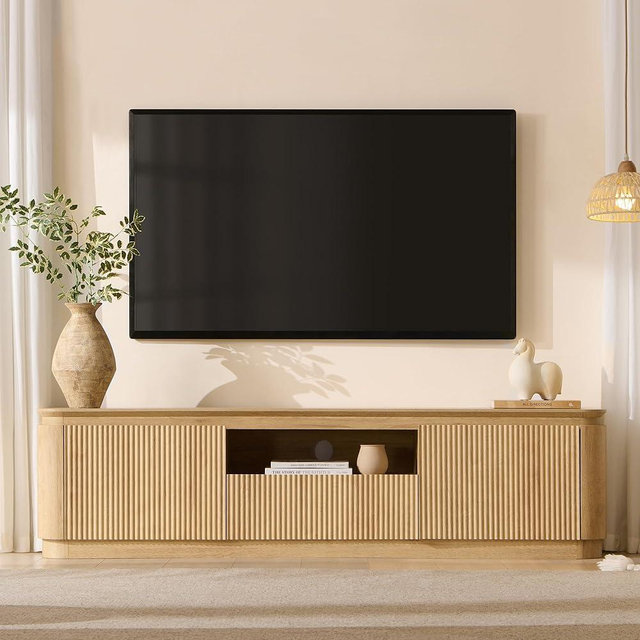 XIASLO 70" Fluted TV Stand for TVs Up to 80", Mid Century Modern Entertainment Center with Drawer, Storage Cabinet, Open Shelf, Wood Low Profile Media TV Console for Livingroom, Natural Oak