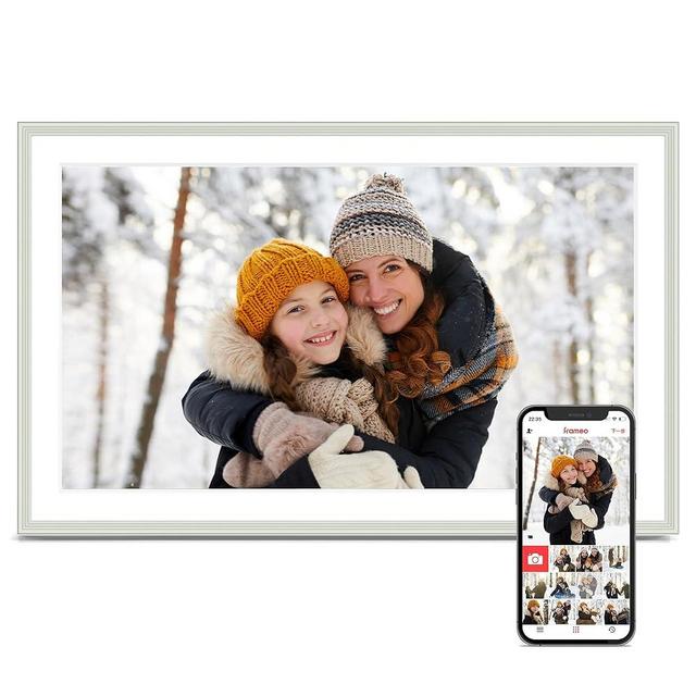 Digital Picture Frame, 15.6 Inch Frameo Digital Frame WiFi, 1920*1080 IPS FHD Touchscreen, 32GB, Tabletop&Wall-Mounted, Share Picture Video, Electronic Photo Frame Slideshow, Gifts for Mom, White Clay