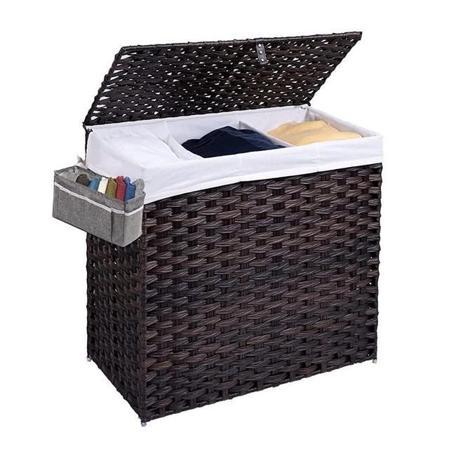Crehomfy Laundry Hamper with Lid and Handle, Synthetic Rattan Wicker Handwoven Laundry Basket, Foldable Dirty Clothes Hamper, Laundry Sorter for Laundry Room, Bedroom Brown (3 Section 130L)