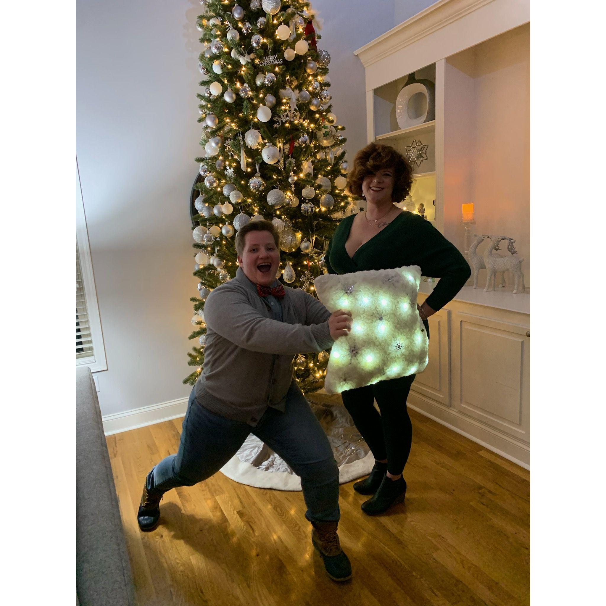 At a work Christmas party, where Erin was a knockout and Kristi was up to no good.