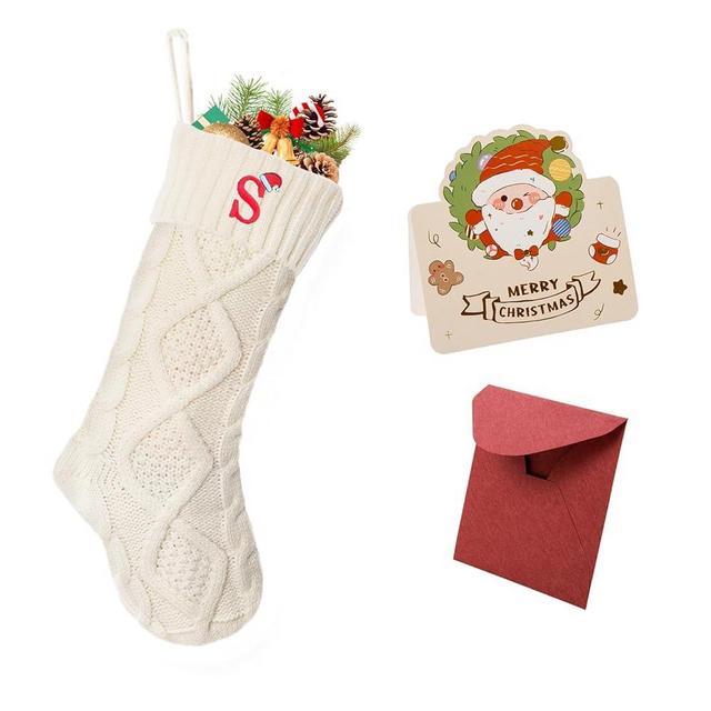 ULICO Christmas Stockings with Initials, 18’’ Large Embroidered Monogram Knit Christmas Stocking,Xmas Stocking for Kids, Holiday and Family Stocking for Fireplace or Party Decoration White Letter S