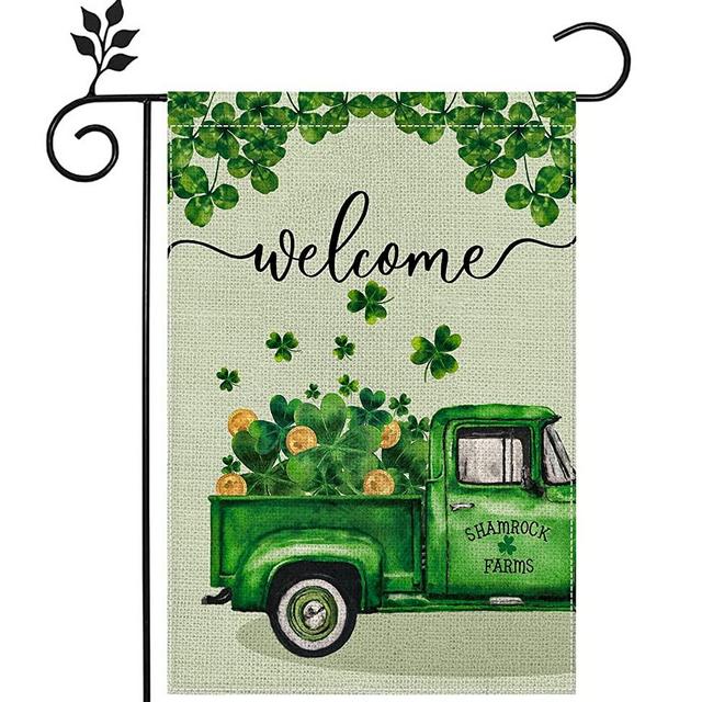 AnyDesign St. Patrick's Day Garden Flag Double-Sided Green Shamrock Truck Welcome Yard Flag Waterproof Rustic Farmhouse Shamrock Gold Outdoor Decor for Irish Holiday Spring, 12.5 x 18 Inch