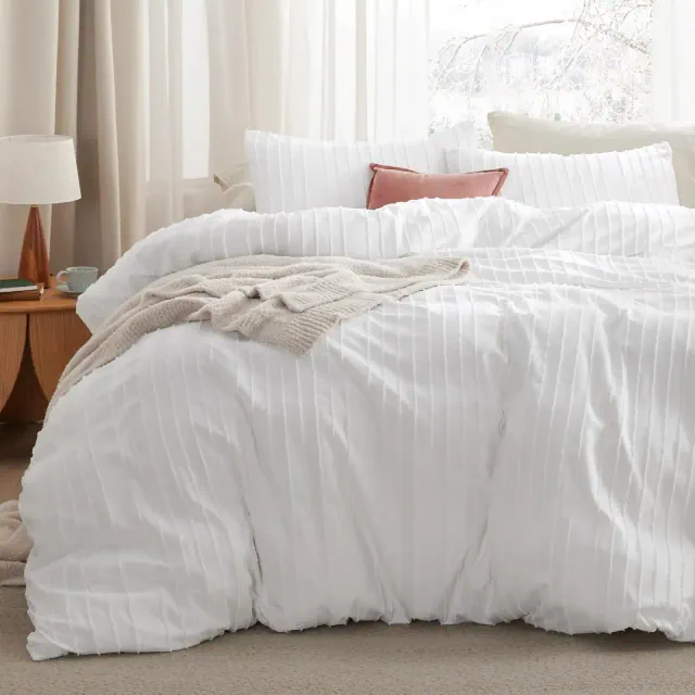 Bedsure White Stripe Queen Size 3 Pieces Striped Boho Duvet Cover Set Tufted Bedding OEKO TEX Certified Mother's Day Gift