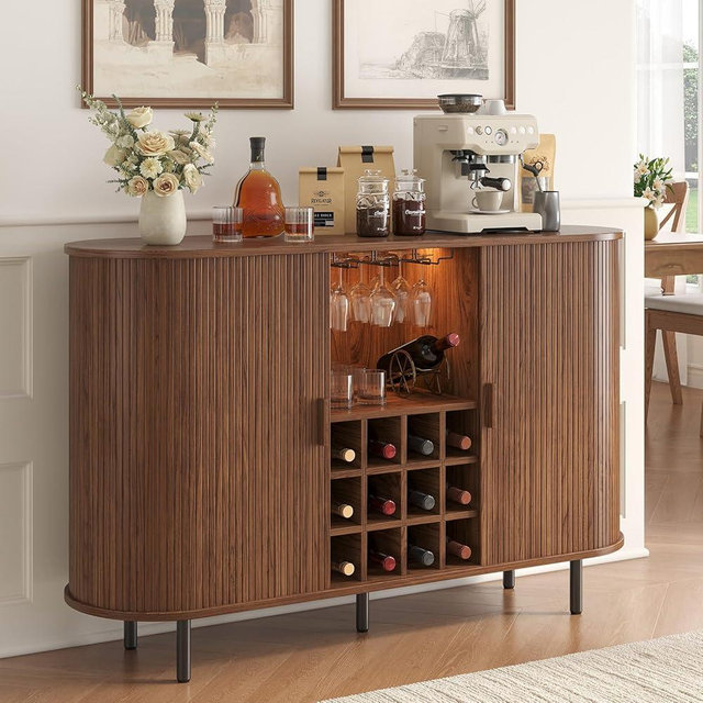 Lefurture 55 Inch Fluted Wine Bar Cabinet, Liquor Cabinet with LED Light, Coffee Bar Cabinets with Storage, Mid-Century Modern Bar Cabinet with Charge Station Wine Racks for Kithcen (Walnut)