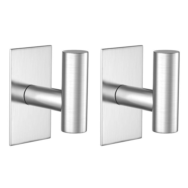 VAEHOLD Wall Towel Hooks, Heavy Duty Sticky Holder Waterproof Towel Hooks for Hanging Coat, Clothes, Closet Hook Wall Mount for Kitchen (Silver, Adhesive 2 Pack)