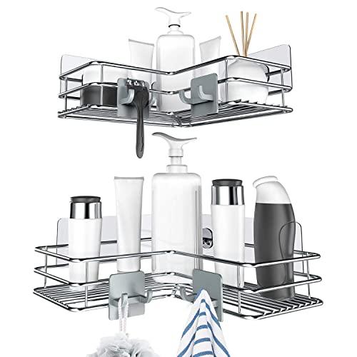 Nieifi Adhesive Corner Shower Caddy Shelf with Hooks, Rust Proof Stainless Steel Bathroom Shelf No Drilling 2 Pack
