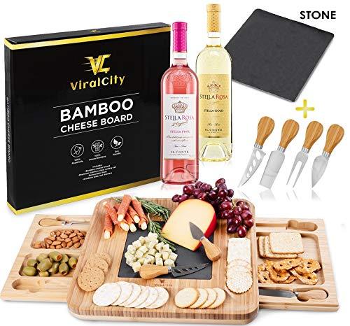 ViralCity Unique Bamboo Cheese Board and knife set - Wooden Charcuterie Serving Tray - Organizer for Cutlery and Slicers - Housewarming, wedding Gifts - 2 Slide Drawers, Large, 14.7 x 14.7 x 1.6 Inch