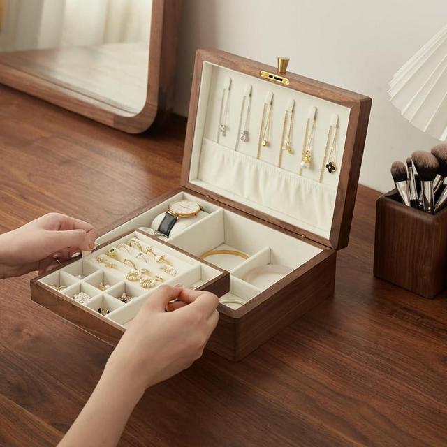 THFLSTR Solid Black Walnut Wood Jewelry Box With Velvet Lining,Personalized Ring and Necklace Box for Women and Girls,Brass Lock and Handle (With lock)