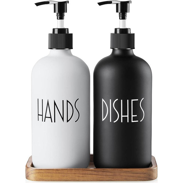 ALELION Glass Dish Soap Dispenser for Kitchen - 16 OZ Hand Soap Dispenser Set with Pump and Acacia Wood Tray - Black White Modern Farmhouse Kitchen Bathroom Decor and Accessories