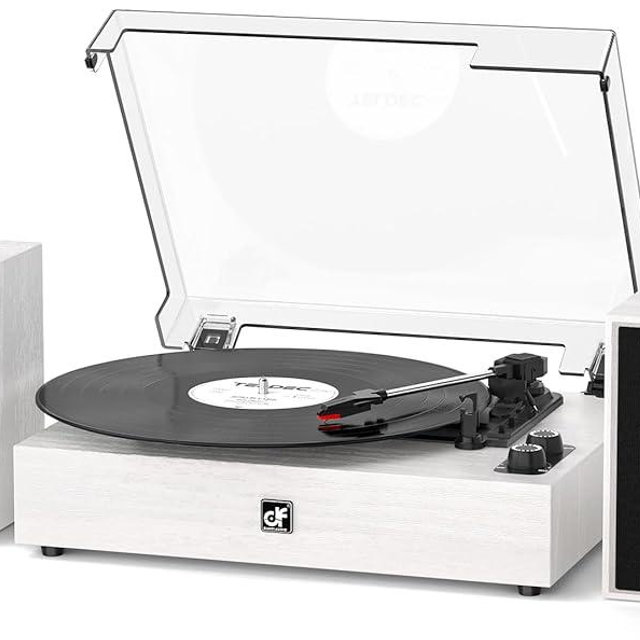 Bluetooth Record Player with External Speakers Belt-Drive Turntable for Vinyl Records Dual Stereo Speakers LP Players Support 3 Speed 3 Size, AUX RCA Output, Auto Stop, White