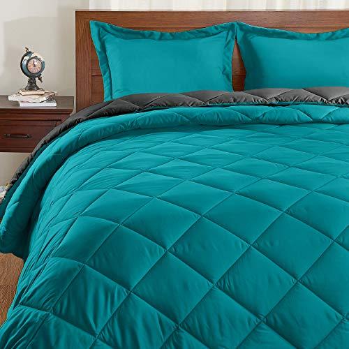 Basic Beyond Down Alternative Comforter Set (Queen, Algiers Blue/Charcoal Gray) - Reversible Bed Comforter with 2 Pillow Shams for All Seasons