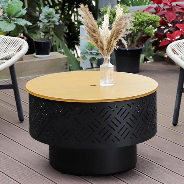 OutVue 26" Wood Burning Fire Pits with Grill & Lid, Fire Pit Table for Outside with Waterproof Cover & Fire Poker, Outdoor Firepit with Functions for BBQ,Table and Bonfire
