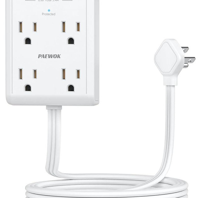 Flat Plug Outlet Extender with 3 USB Wall Plug(1 Type C), 4 Outlet Wall Adapter, Electrical Wall Outlet Extender, Flat Plug Power Strip with 8 ft Thin Extension Cord. White