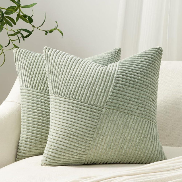 Topfinel Set of 2 Sagegreen Decorative Yellow Throw Pillow Covers 18x18 Inch for Couch Sofa Bed, Farmhouse Boho Rustic Home Decor,Soft Corduroy Windmill Textured Striped Patchwork Cushion Cases
