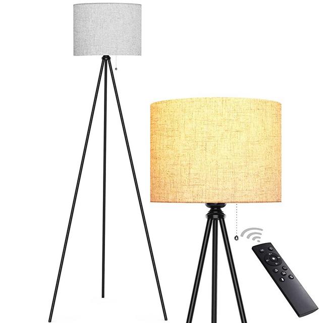 Tripod Floor Lamp, Remote Control Modern Tall Lamp, Mid Century lamp, Standing lamp for Living Room and Bedrooms, Living Room Light, Linen Lampshade, Dimmable Bulb are Included, Glossy Black