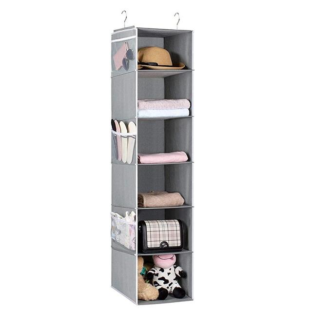 Univivi Shelves Hanging Organizer 6-Shelf Collapsible Hanging Closet Organizer with 6 Side Pockets Closet Hanging Shelves (Gray)