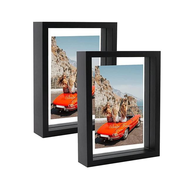 Trwcrt 2 Pack 5x7 Floating Picture Frame, Double Glass Picture Frames Display up to 7 x 9 photos for Desktop or Wall Hanging, Black