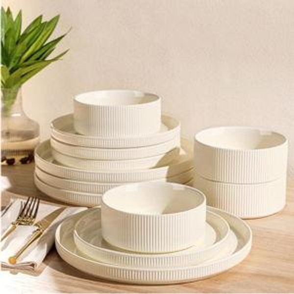 TheTerra Ceramic Dinnerware Sets for 4, 12 Pieces Porcelain Lightweight Plates and Bowls Sets, Scratch Resistant Dish Set, Oven & Microwave & Dishwasher Safe, Beige