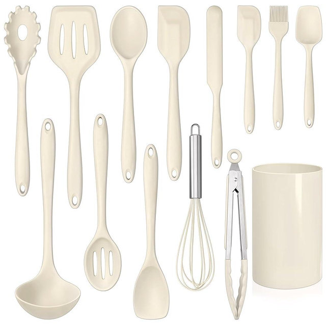 LIANYU 14 Pcs Kitchen Utensils Set with Holder, Silicone Cooking Utensils Spatula Set, Heat Resistant Cookware Tools Includes Spoon Turner Whisk Tong, Dishwasher safe, Cream White