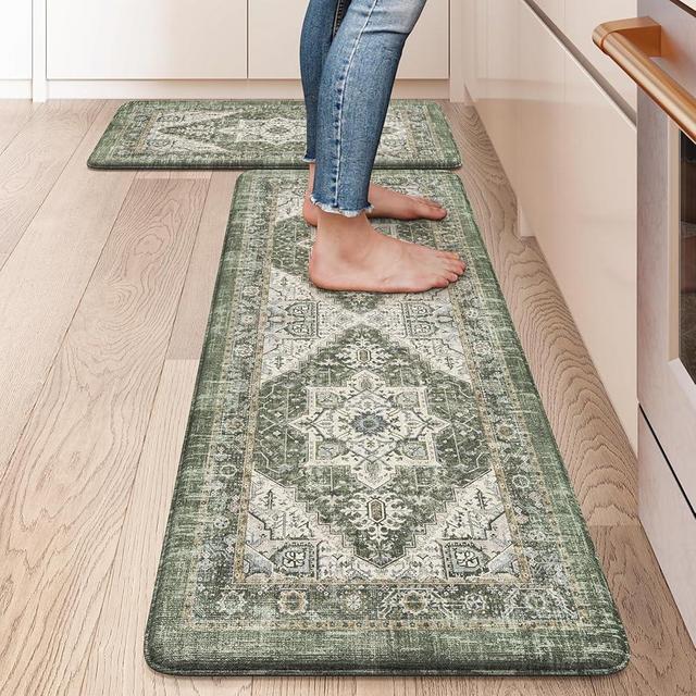 Ailsan Vintage Kitchen Mats for Floor Anti Fatigue,Waterproof Kitchen Rugs Sets of 2,Boho Kitchen Rug Non Slip,Cushioned Kitchen Floor Mats for Laundry Bathroom Sink Office，Green