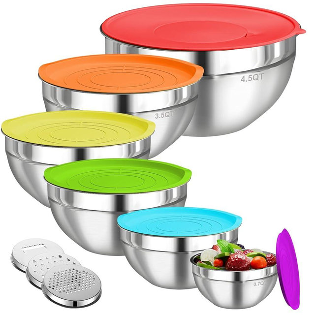 Winproper Mixing Bowls with Lids Set, 6 PCS Stainless Steel Mixing Bowls with 3 Grater Attachments, Kitchen Food Organizers Nesting Mixing Bowl, Large Size 4.5, 3.5, 2.1, 1.5, 1.1, 0.7QT-Colorful