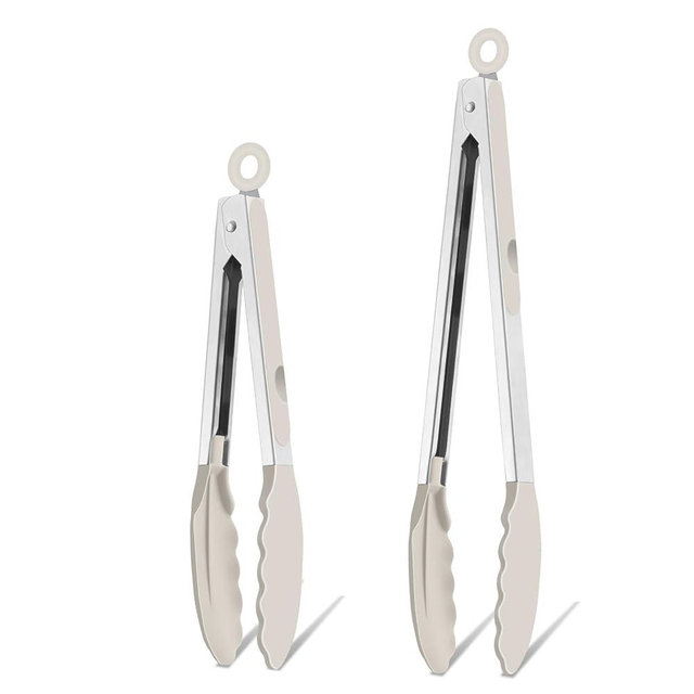 TeamFar Kitchen Tongs, 9" and 12" Stainless Steel Cooking Tongs with Silicone Tips for Cooking Grilling Serving & BBQ, Heat Resistant Silicone Tongs, Locking Design & Dishwasher Safe, Set of 2 & Khaki